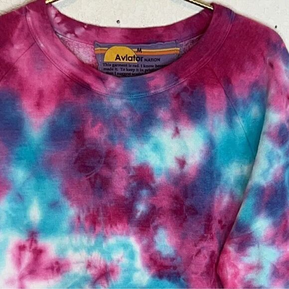 New Aviator Nation HAND DYED LIGHT WEIGHT CREW SWEATSHIRT Pink/Turquoise Medium - Picture 13 of 14